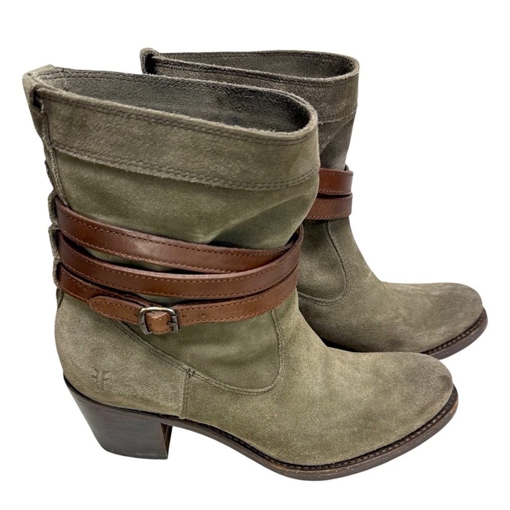 Frye Jane Slouch Suede Pull On Leather Straps Olive/Gray suede 7.5B Stacked Heel